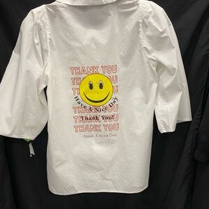 Rosie Assoulin White Blouse with Signature Yellow Smiley Graphic. Size M